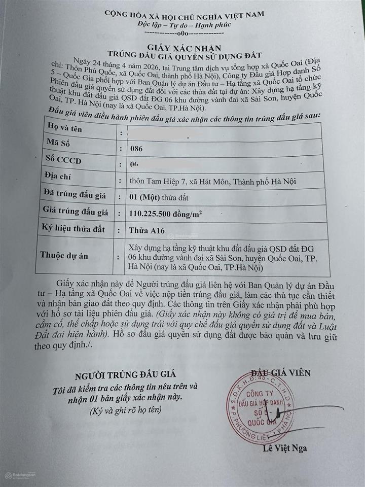 Chinh chủ bán mảnh đất mới trúng đấu giá phiên 24/4/2026 khu dg06 sài sơn, quốc oai cũ 0976 613 ***