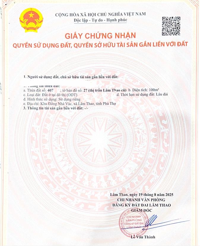Chính chủ bán lô đất tại khu đồng nhà vác, xã lâm thao, lk227 giá cực chất, đẹp, 2,x tỷ