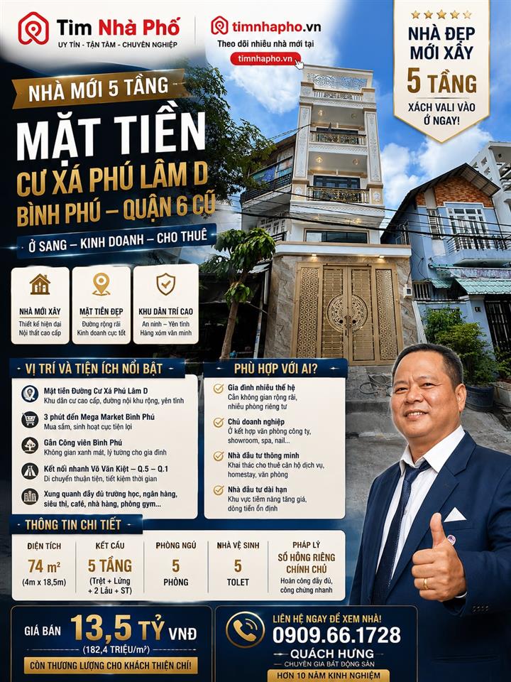 💎Nhà Mới 5 Tầng - MT Cư Xá Phú Lâm D Bình Phú Quận 6 - Chỉ 13,5 Tỷ - Tìm Nhà Phố