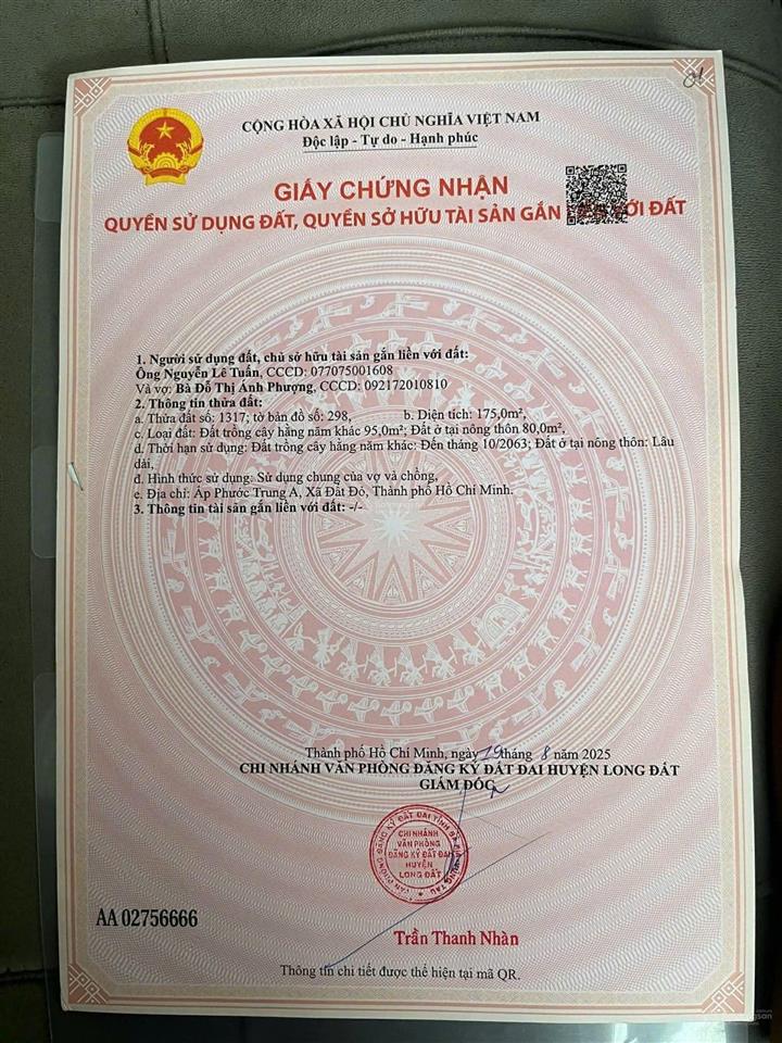 Căn nhà xã đất đỏ tp hcm gần ql55 và kcn đất đỏ
diện tích 5x25175m sẵn 80m thổ cư
kết cấu 1 p