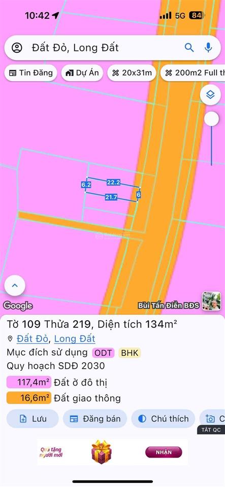 Thị trấn đất đỏ brvt mặt tiền đường lê duẩn đối diện trung tâm anh ngữâm nhạc sáu lợi
dt 6x22