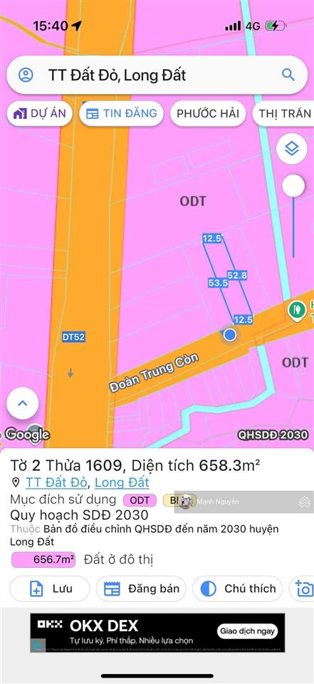 Mặt tiền đường đoàn trung còn  thị trấn đất đỏ  cách tỉnh lộ 52 chỉ 50m dt 654m2 12.5m x 52,8m