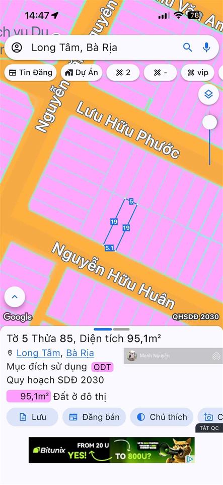Mặt tiền đường nguyễn hữu huân p.long tâm tp bà rịa
diện tích 5x1995m2 thổ cư toàn bộ
khu tru