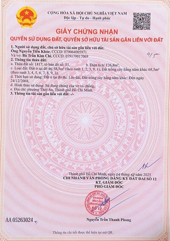 Đất mặt tiền rạch thạnh xuân 52 ( 4,5 x 30 )  đường nhựa 8m thông xe hơi