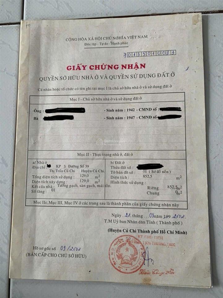 Bán đất và nhà riêng 852,5 m2 tại đường nguyễn thị sảng, huyện củ chi, tp. hồ chí minh