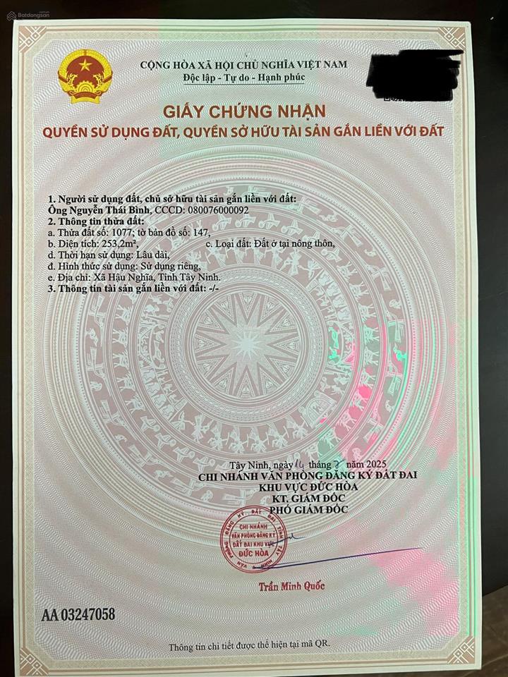 Bán nền đất full thổ cư liền kề 13x36,2m, long antây ninh
