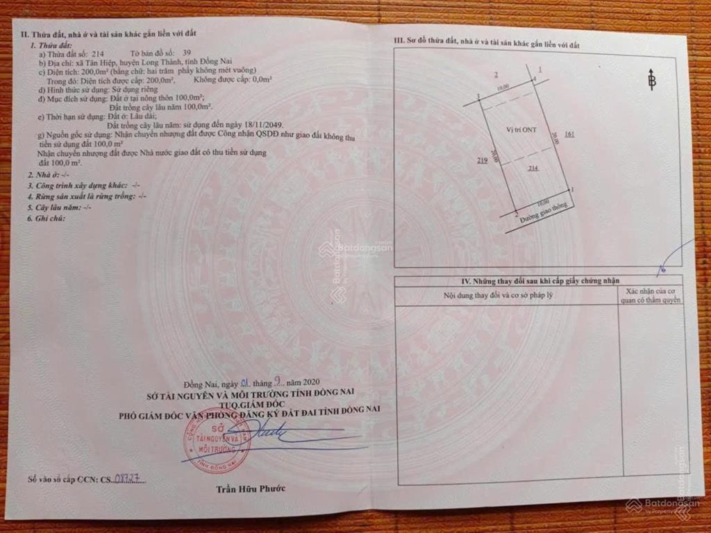 Bán đất tại xã tân hiệp, huyện long thành giá ngộp