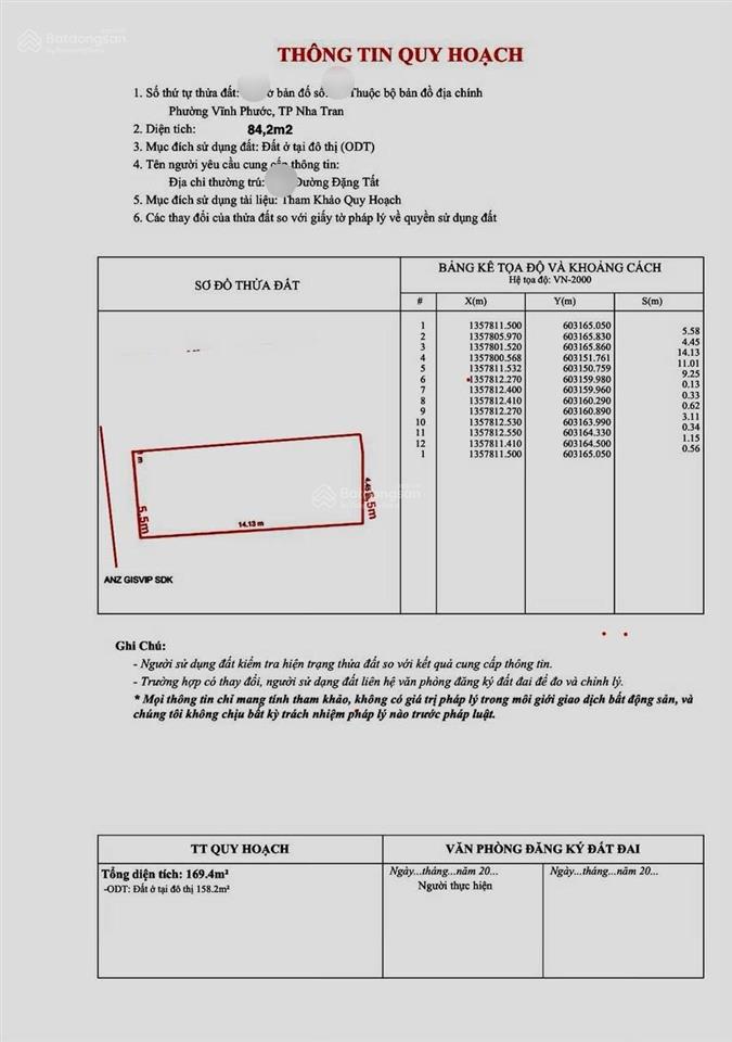 Bán đất, hẻm ô tô đặng tất, vĩnh hải, dt 84,2 m2, ngang 5,5 m, hướng tây  giá 7,2 tỷ