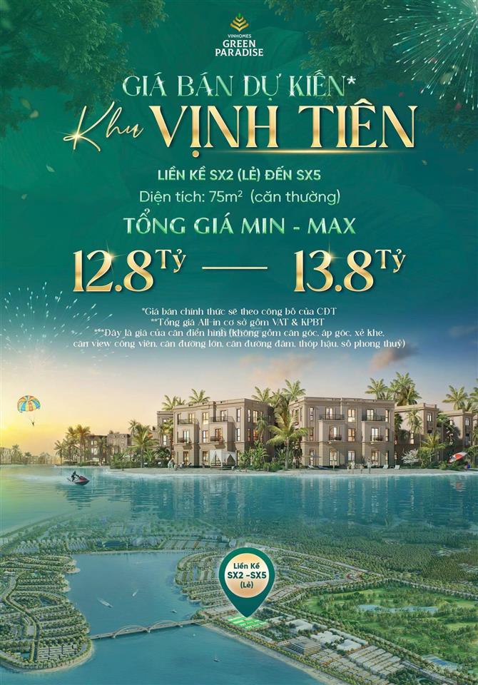 Nhà phố vịnh tiên 75m, 4 tầng, giá nhỉnh 12 tỷ, áp dụng voucher 30%, chỉ cần bỏ ra hơn 500 triệu