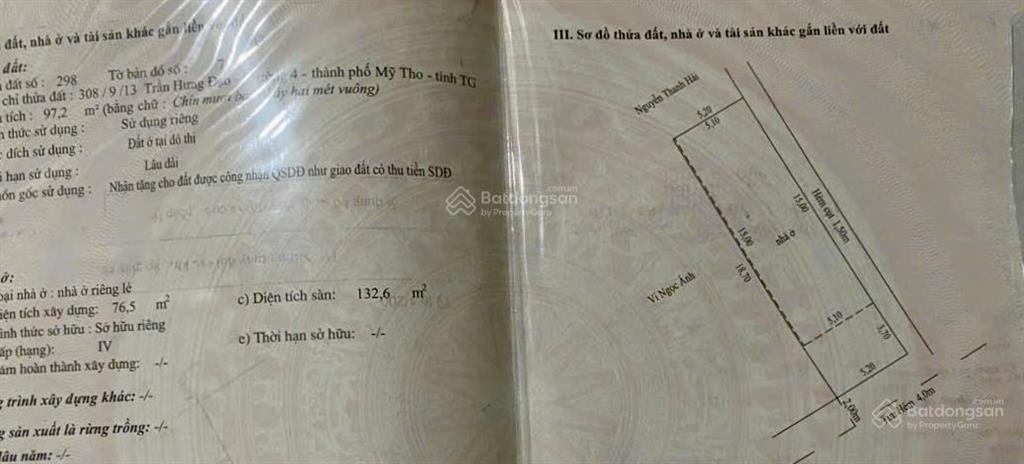 Bán gấp nr 97m2 tại trần hưng đạo, p. 4, tp. mỹ tho, giá 4,2 tỷ