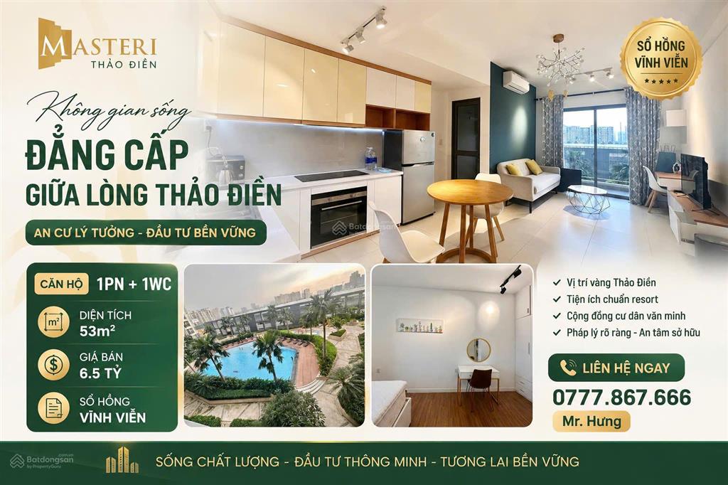 Bán căn 1pn masteri thảo điền, full nội thất giá 6.5 tỷ,  mr. hưng 0902 599 ***