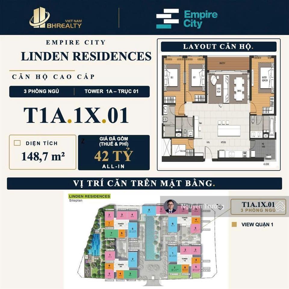 Đơn giá chỉ 249 triệu/m2 cho căn hộ 3 phòng ngủ size 149m2, view sông quận 1 tại empire city