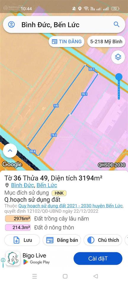 3194m2 đất vườn được lên thổ giá chỉ 1,7 tỷ chủ ngộp cần bán gấp bình đức bến lức