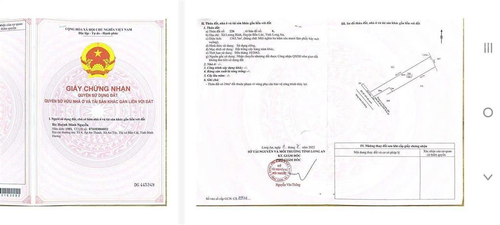 3tỷ có ngay 1565m2 đất mặt tiền sông vàm cỏ đông bến lức. có sẵn 200m2 thổ tường rào bao quanh