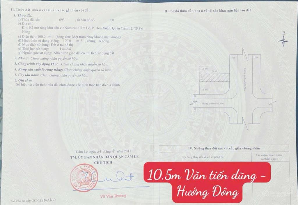 Chính chủ bán đất đẹp đường 10,5m văn tiến dũng  hòa xuân  hướng đông  sát trường học, giá tốt