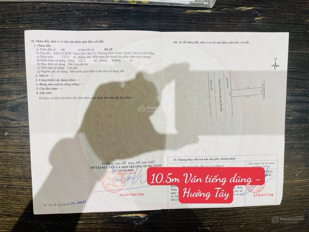 Chủ gởi bán đất đường 10,5m văn tiến dũng  hòa xuân hướng tây, diện tích lớn 122,5m2 kinh doanh