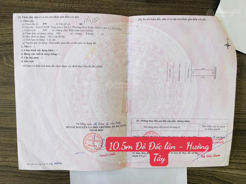 Chủ gởi bán lô đất đẹp đường 10,5m đô đốc lân  hòa xuân  diện tích 100m2  hướng tây , vị trí đẹp