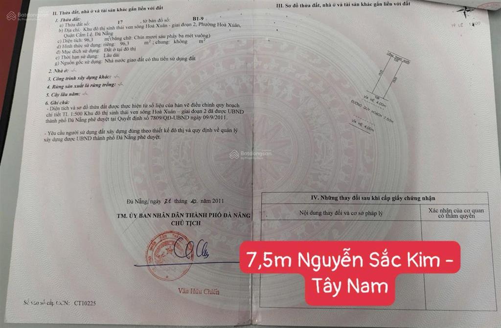 Chính chủ bán đất đường 7,5m nguyễn sắc kim  hòa xuân  hướng tây nam , sạch đẹp, giá tốt nhất