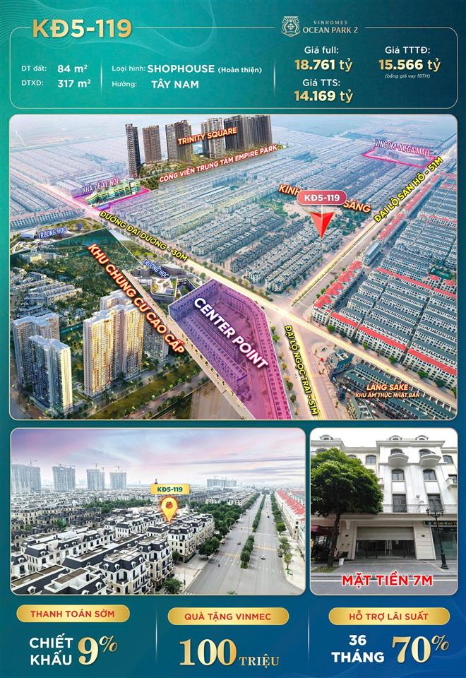 BÁN SHOPHOUSE KINH ĐÔ [VINHOMES OCENPARK 2 ]: 84M2- 4 TẦNG- 14 TỶ.