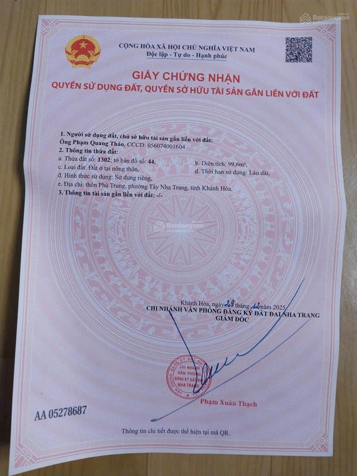Chủ kẹt tiền cần bán lô đất đẹp 2 mặt tiền đường bầu gáo vĩnh thạnh tây nha trang.