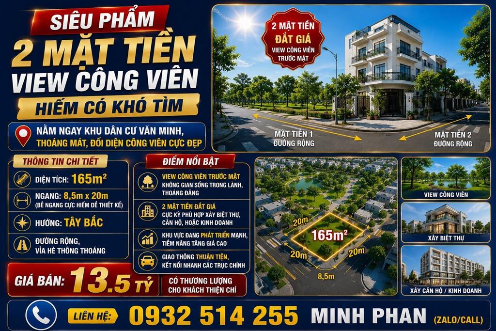 Lô góc 2mt Phạm Xuân Ẩn - Thanh Lương 24 - View Công Viên - Gần Sông - 165m Hoà Xuân Cẩm