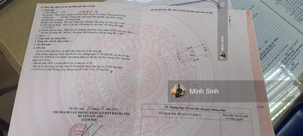 Chính chủ mở bán lô đất đẹp  nam cương  hiền ninh  sóc sơn. diện tích 103,8m2 mt 6.28m hậu