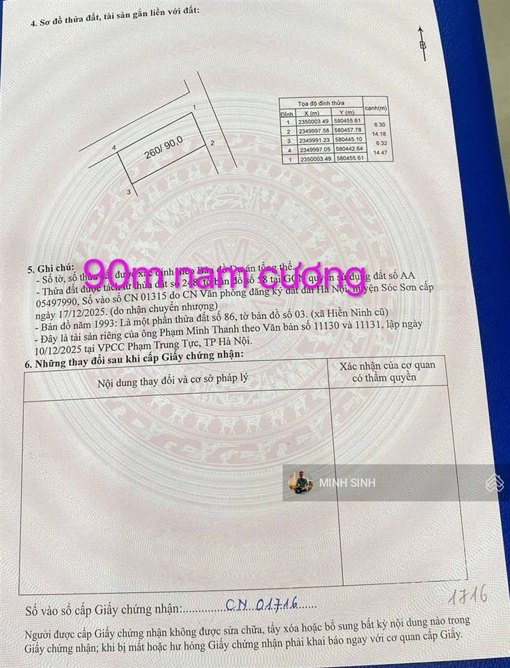 Bán mảnhđất 90m2 ở xã hiền ninh, huyện sóc sơn, hà nội, giá thỏa thuận, mặt tiền 6.36m, ngõ 4.5m