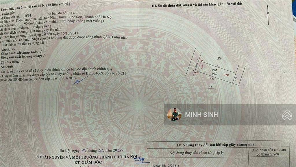 Chính chủ bán đất 2 đầu đường dt 90m2 có 80m2 thổ cư, lan chùa, xã nội bài, hn mt=hậu 5