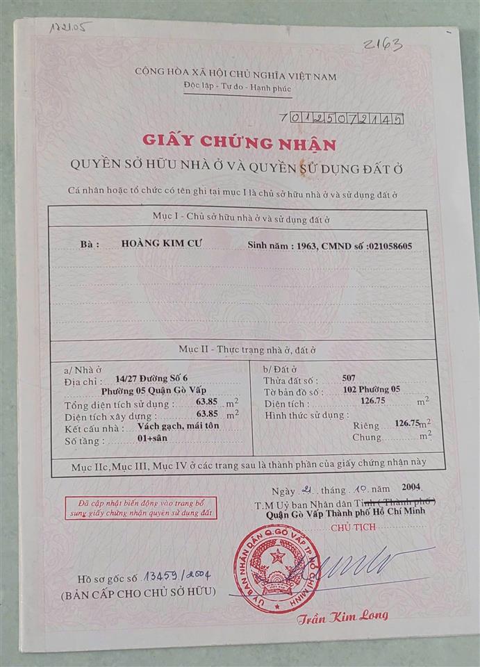 CẦN BÁN NHÀ CHÍNH CHỦ ĐƯỜNG DƯƠNG QUẢNG HÀM - PHƯỜNG 5 - QUẬN GÒ VẤP
