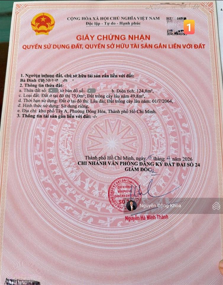Bán đất 125m2, xây tự do, gần big go 500m, p.đông hòa, tp.dĩ an