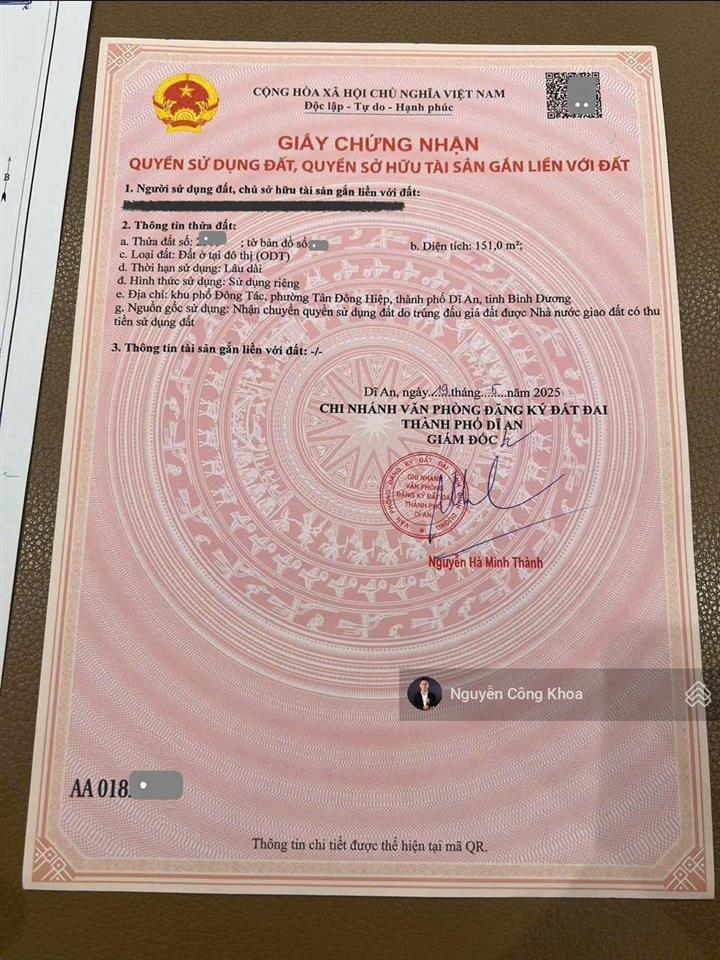 Bán đất ngang 8,2m, góc 2 mặt tiền, xây tự do, gần làng đại học 2km, p.tân đông hiệp, tp.dĩ an