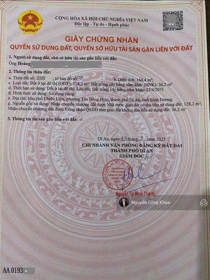 Bán đất sổ riêng, ngang 5,4x28m, nở hậu, gần chợ đông thành 900m, p. tân đông hiệp, tp. dĩ an