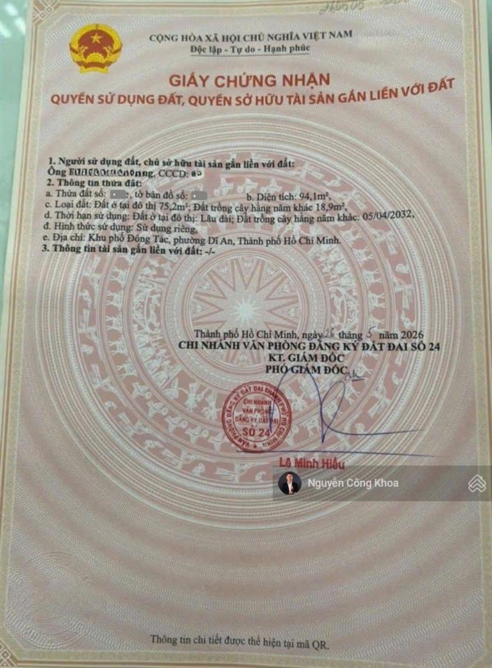 Bán đất ngang 5x19m, xây tự do, sau lưng chợ dĩ an 1, phường tân đông hiệp, thành phố dĩ an