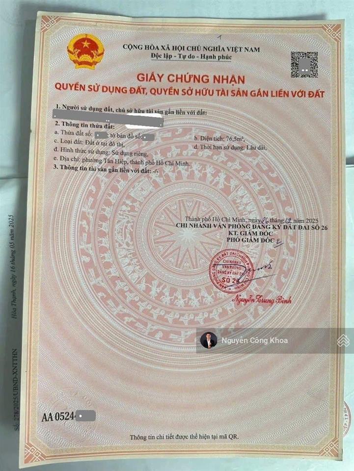 Bán đất sổ riêng, 4,5x17m, 1,45 tỷ tl, gần chợ tân hiệp 600m, p. tân hiệp, tp. biên hòa