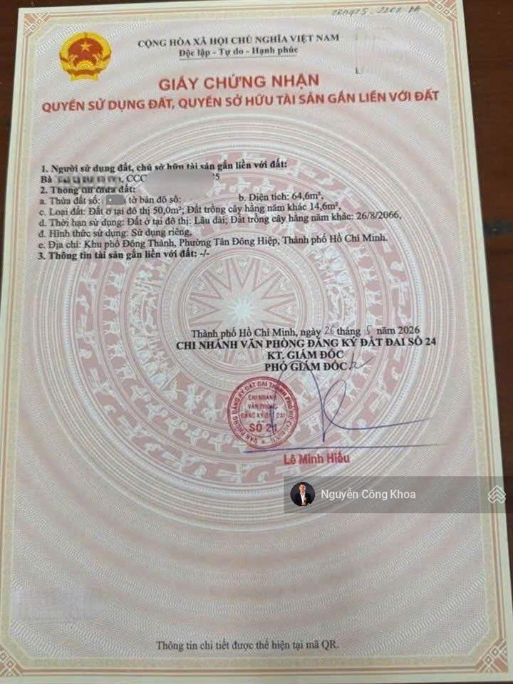 Bán đất sổ riêng. ngang 5,5m, đường ô tô, gần ngã 3 cây điệp 350m, p. tân đông hiệp, tp. dĩ an