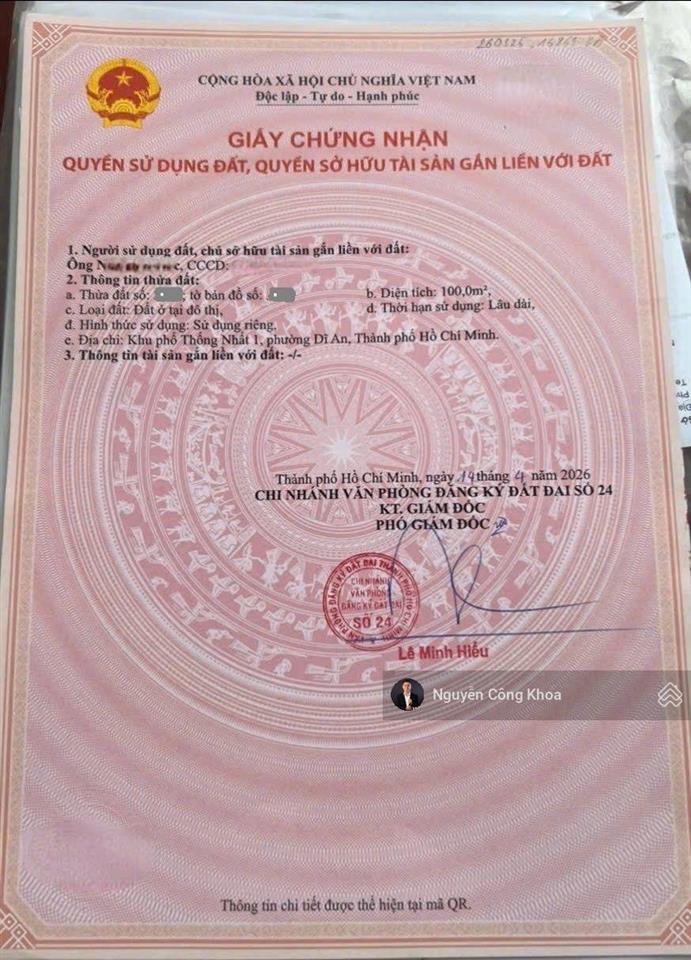 Bán đất sổ riêng, ngang 5x20m, mt đường kinh doanh, gần chợ và kcn sóng thần, p. dĩ an, tp. dĩ an