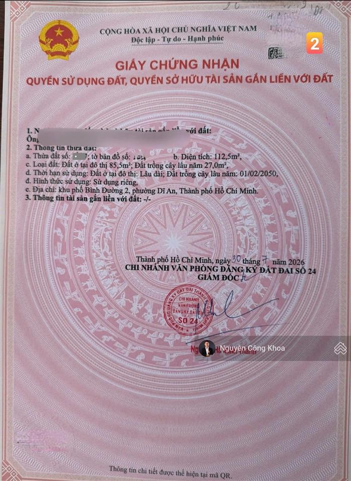 Bán đất sổ riêng, ngang 4,5x25m, gần chợ dĩ an 2, p. an bình, tp. dĩ an
