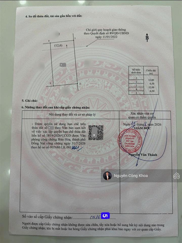 Bán đất sổ riêng, ngang 6,5m, đường ô tô, 1,65 tỷ, gần vòng xoay cầu hang, p. bửu hòa, tp. biên hòa
