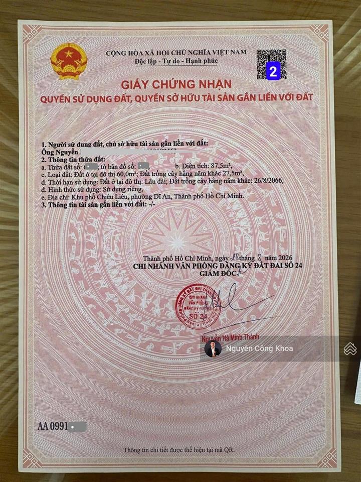 Bán đất sổ riêng, 87,1m2, mặt tiền kinh doanh gần chợ đông thành 500m, p. dĩ an, tp. hồ chí minh