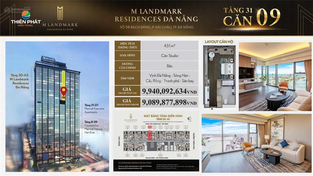 Studio 43.1m2 landmark bạch đằng view sông hàn, 0905 042 ***