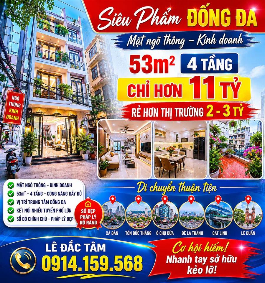 Siêu phẩm trung tâm đống đa, 53m2, 4 tầng, mặt ngõ thông, kinh doanh đỉnh, chỉ hơn 11 tỷ