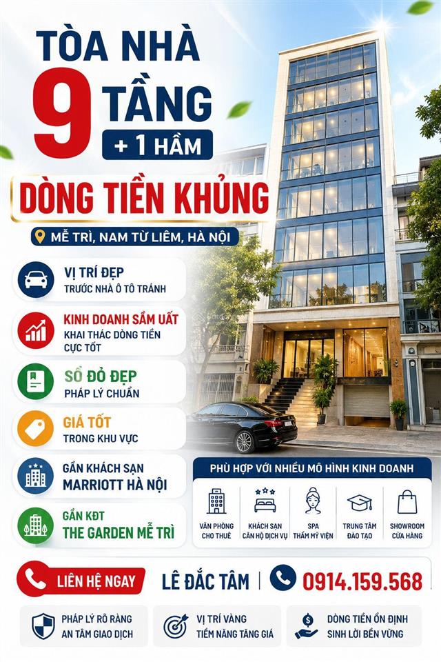 Bán tòa nhà 9 tầng + 1 hầm, 150m2, dòng tiền khủng phố mễ trì, từ liêm