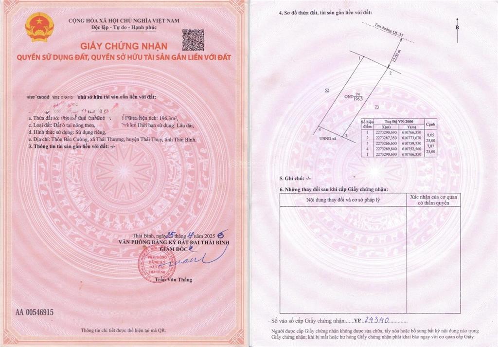 Chính chủ bán lô đất 196m2 tại thôn bắc cường, xã thái thượng, thái thụy, thái bình. 0989 334 ***