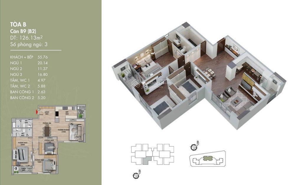 Bán căn góc 3pn 2vs 126.1m2 tòa b2, view lotte mall & vườn hoa võ chí công