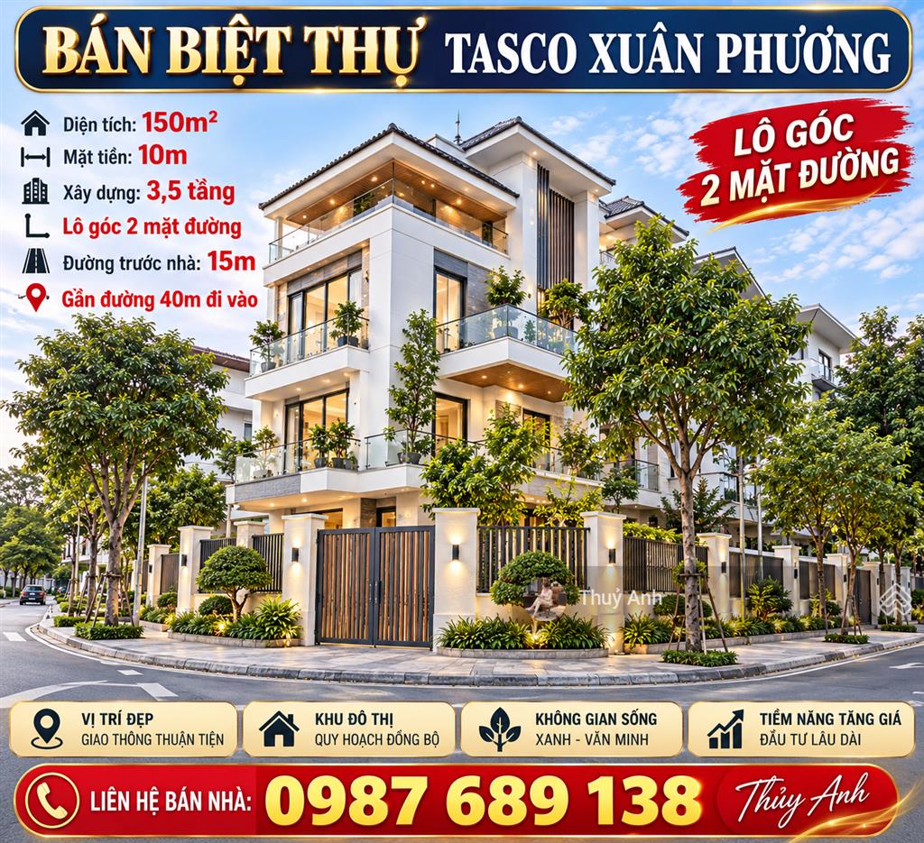 Bán biệt thự đường trần hữu dực quận nam từ liêm dt 150m2 mt 10m lô góc 2 mặt đường 15m
