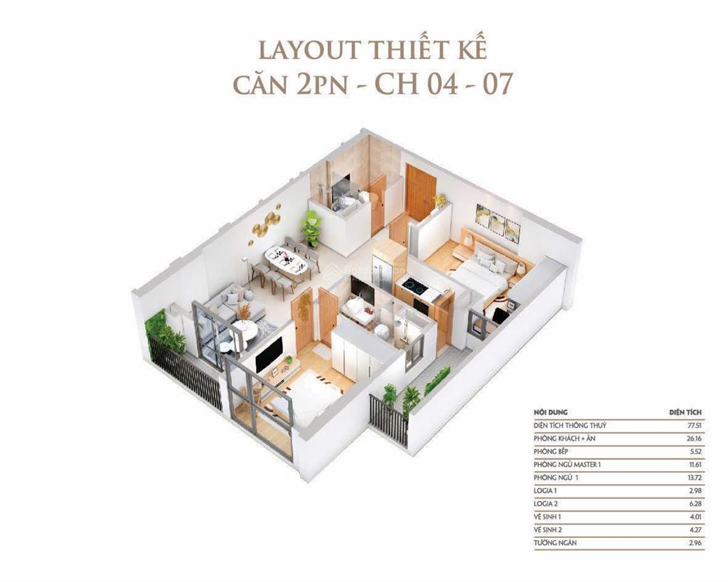 Bán căn 2 phòng ngủ dt 77,5m chung cư khai sơn, 2pn tầng thoáng, sẵn sổ