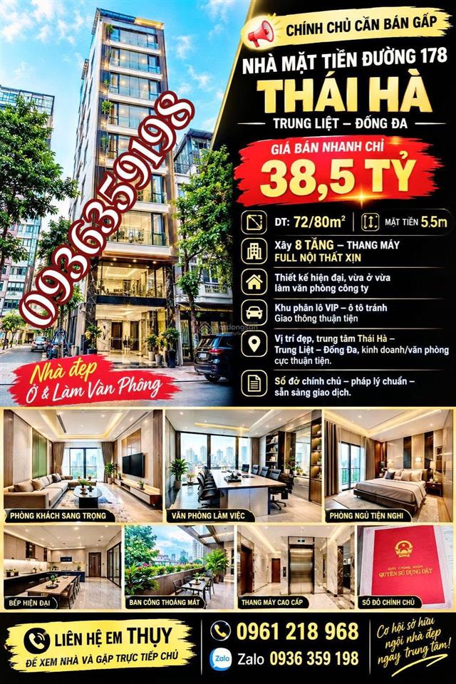 Chính chủ cần bán gấp nhà mặt tiền đường 178 thái hà, trung liệt, đống đa dt 80m giá bán 38,5 tỷ
