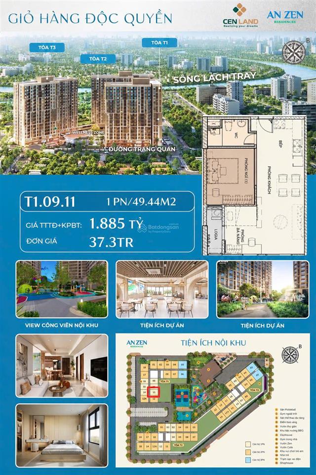Bán cắt lỗ 10% căn góc 2pn đông nam chung cư an zen residences, hải phòng  căn t1.0312a,giá 2.05ty