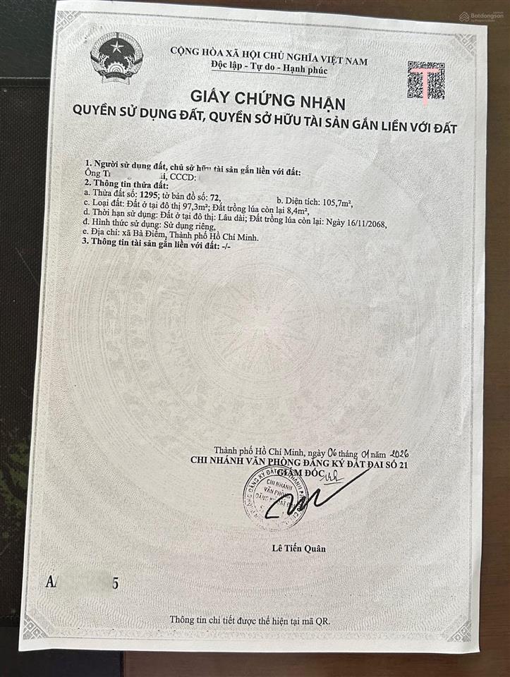 Bán đất thổ cư 107m2  hẻm xe tải  xã bà điểm