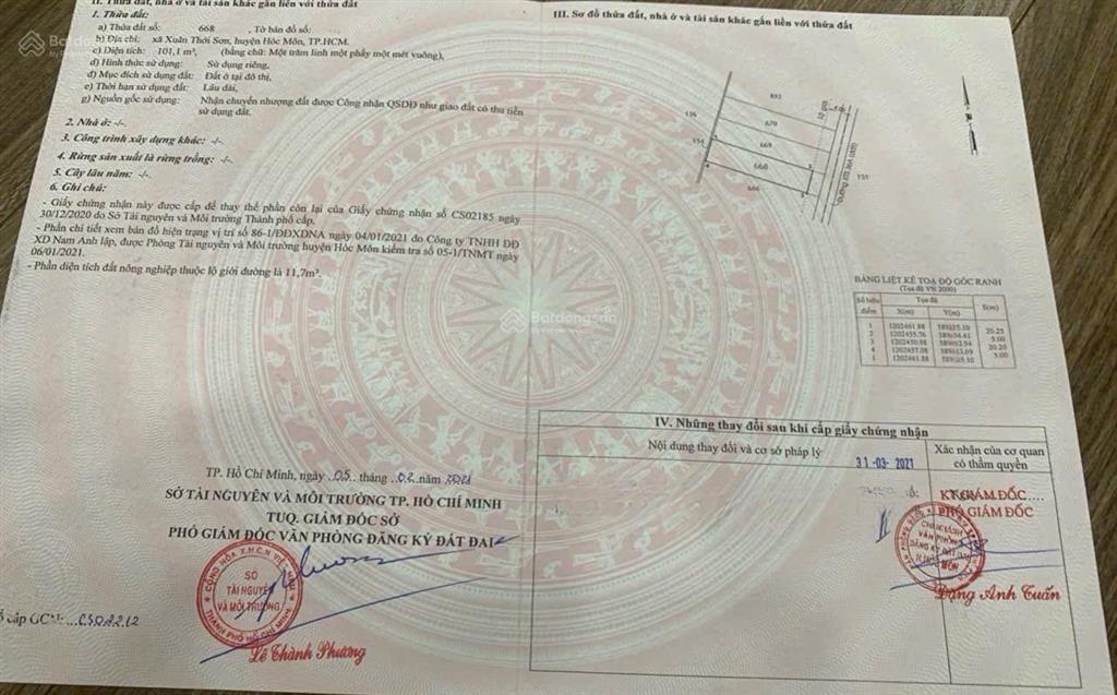 Bán 101m2 đất thổ cư đường xuân thới sơn 32